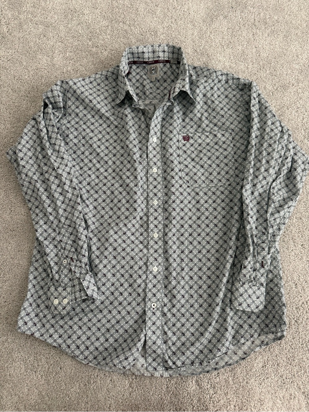 Cinch Men's Gray Geometric Button-Down Shirt with Subtle maroon Pattern